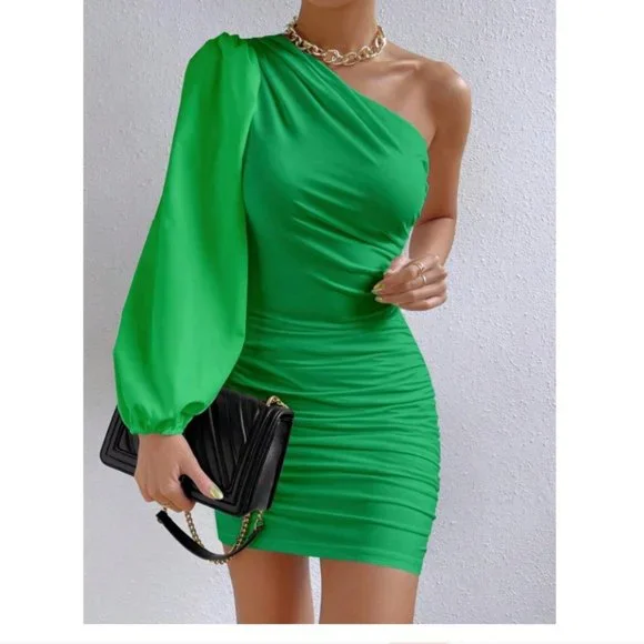 Shein Dresses | One Shoulder Lantern Sleeve Ruched Bodycon Green Dress | Color: Green | Size: 2 | Treasuresbyn's Closet